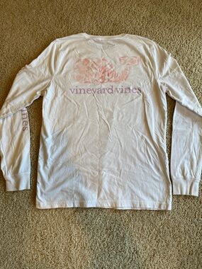 Vineyard Vines White Long Sleeve Tee with Pink Graphic and Purple Text